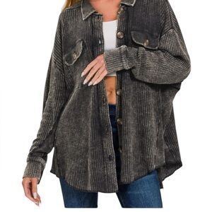 Vici Mineral Washed Waffled Shacket Dark Navy Blue womens Medium Cotton